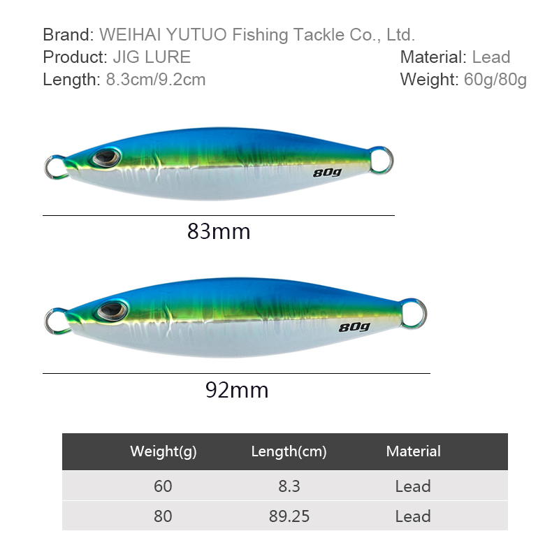 Jigging Fishing Lure 60g 80g Artificial Hard Bait Lead Metal Casting Bait Saltwater Vertical Slow Pitch Jigs Lures
