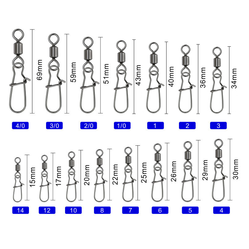 Custom Bulk 4/0-14# Connector Pin Bearing Rolling Swivel Stainless Steel Snap Fishhook Lure Swivels Fishing Accessories