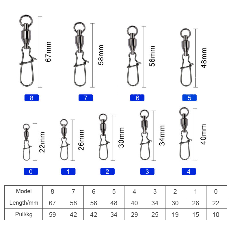 Size 0-8 Fishing Connector Accessories Ball Bearing Swivel With Snap For Freshwater Seawater