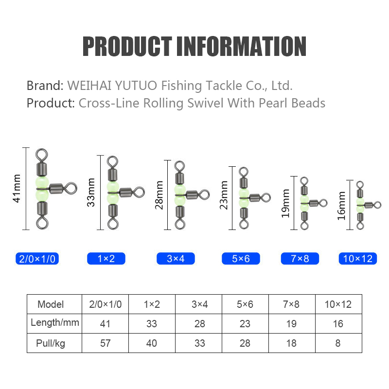 Quality Stainless Steel Cross-line Rolling Swivel With Luminous Pear Beads Fishing Connector T Swivel