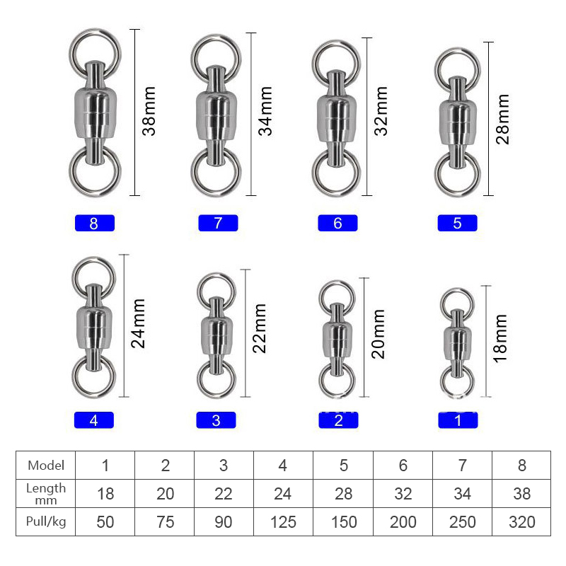 Ball Bearing Swivel1-8# Heavy Duty Stainless Steel Fishing Rolling Barrel Swivel Connector with Solid Tackle Fishing Accessories