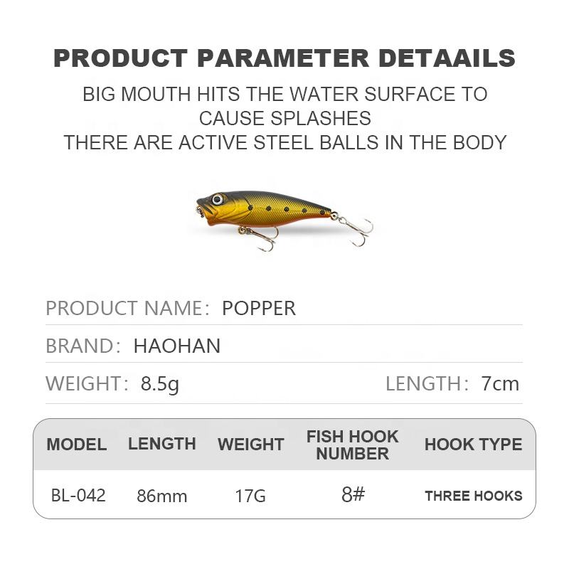 Amazon Hot Sales 7cm 8.5g Artificial Hard Plastic Floating Water Noise Bionic Popper Lures Sea Fishing Lure