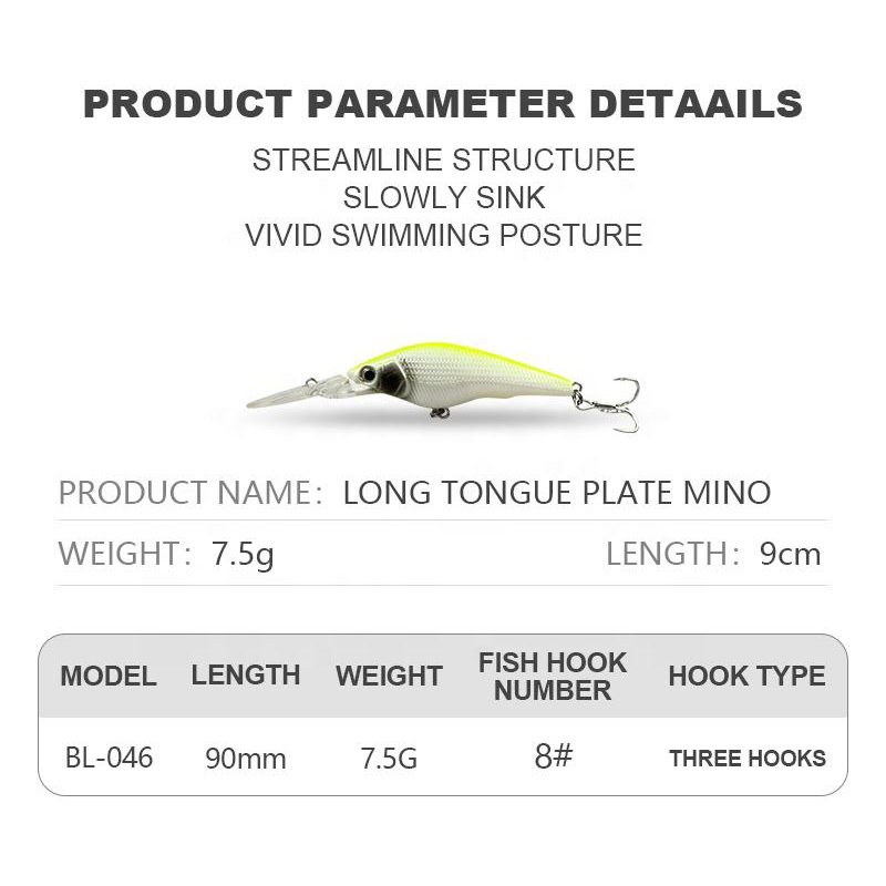 9cm 7.5g Artificial PlasticHard Baits Built-in Ring Bead 6 Colors Long Lip Minnow Bionics Fishing Lures