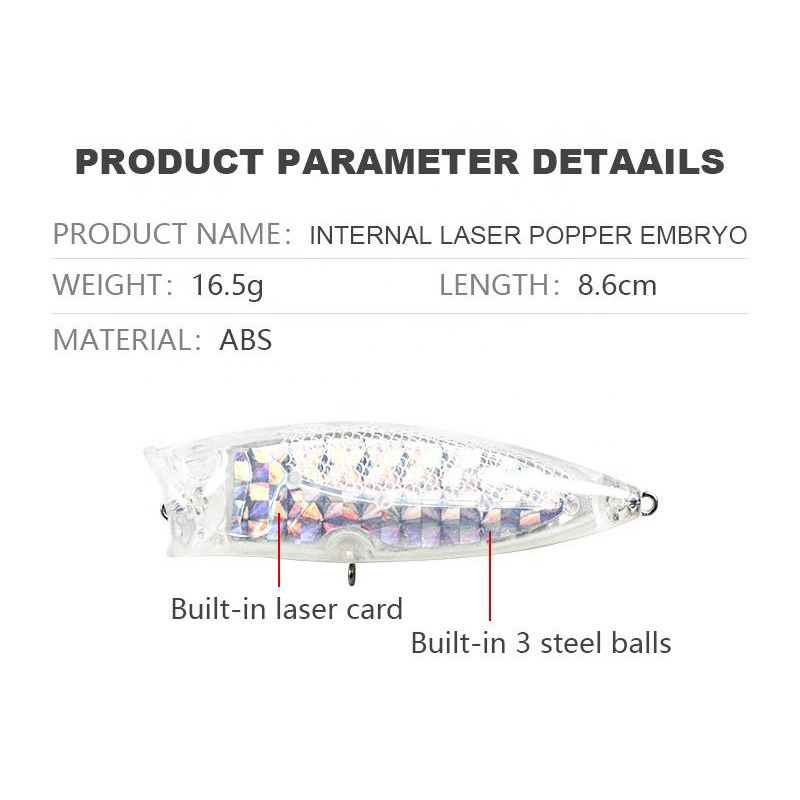 Artificial Hard Plastic Unpainted Fishing Lure Blank Popper Lures 16.5g 8.6cm Built-in Beads And Laser Card