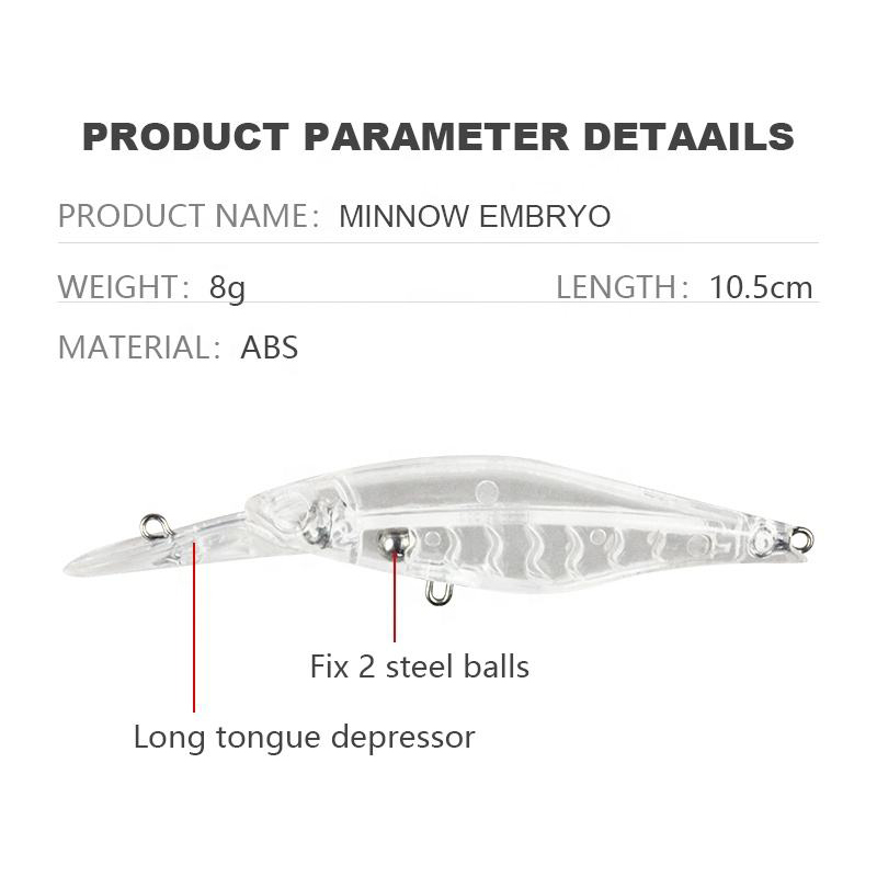 Custom Long Tongue Unpainted Blank Minnow Fishing Lure Body 10.5cm 8g Artificial Plastic Hard Bait