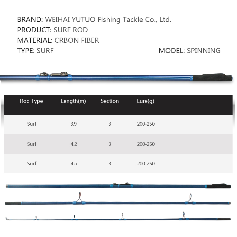 Custom 3.9/4.2/4.5m Long Cast 200-250g Carbon Fiber Casting Surf Fishing Rod 3 Sections Surf Rods Long Throw Rods